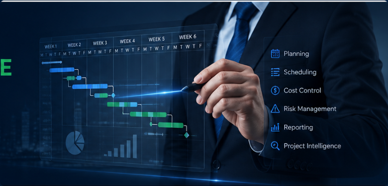 Project intelligence dashboard showing planning, scheduling, cost control, risk management and reporting